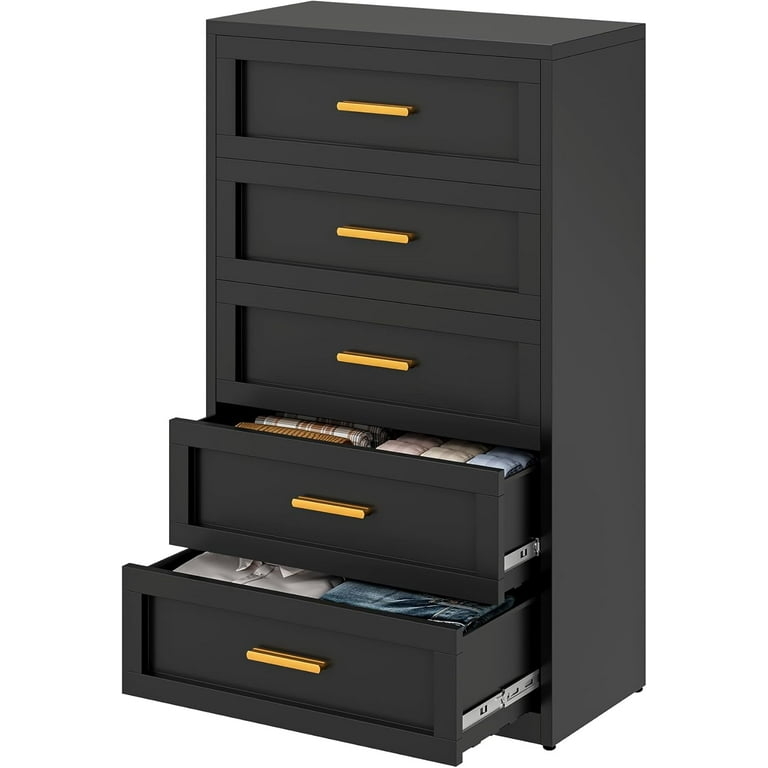 Sleek Metal Five Drawer Chest Gold Bar Handles Framed Faces