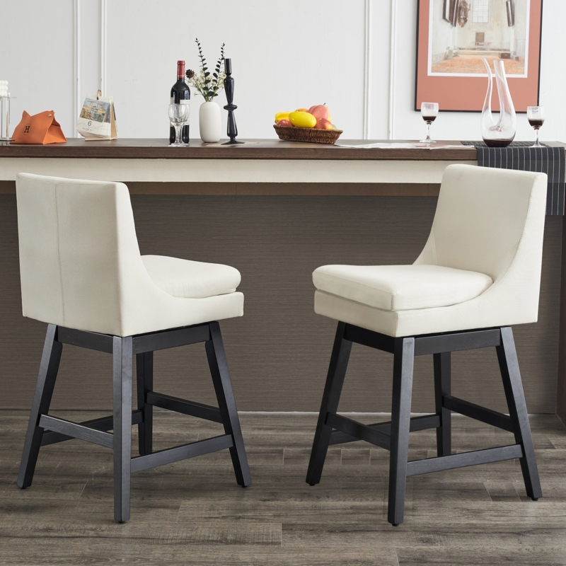 Sleek Upholstered Swivel Bar Stools Cream Linen Dark Legs