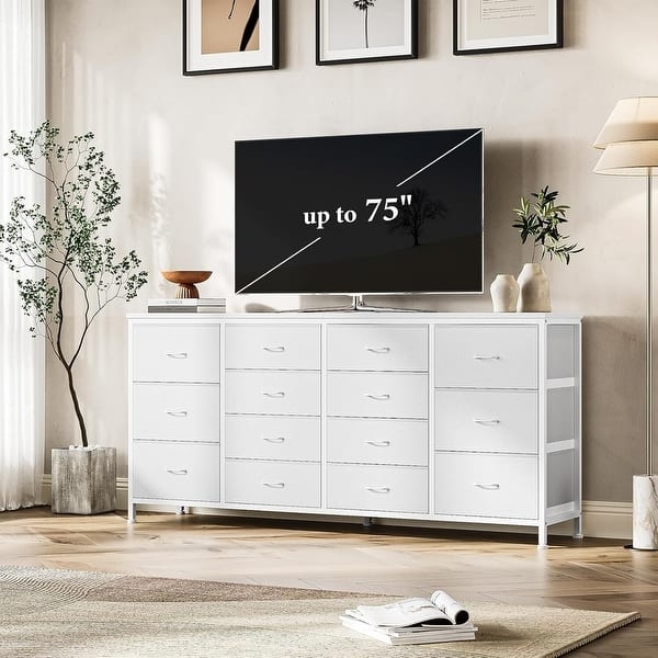Sleek White Fabric Dresser TV Stand with Low Profile and 14 Drawers