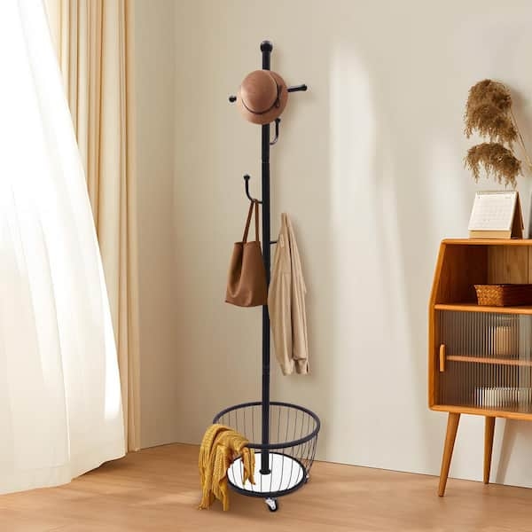 Slender Coat Rack Rolling Casters and Storage Basket