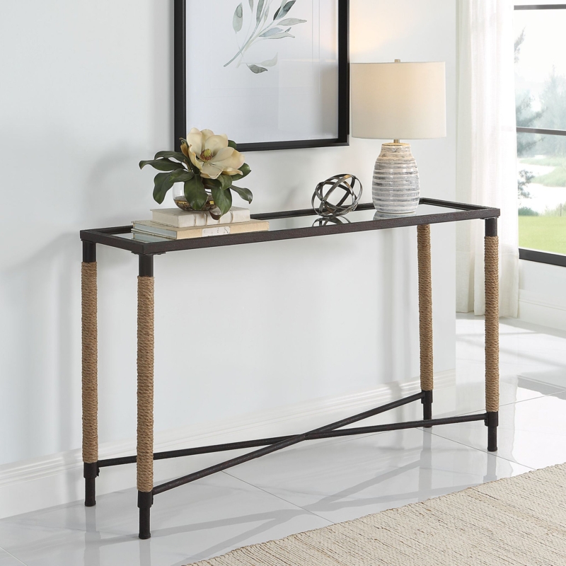 Slender Metal Console Table with Glass Top & Rope Wrapped Legs
