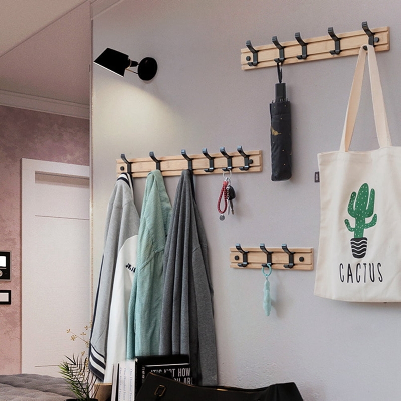 Sliding Hook Rack Adjustable Spacing Wood Toned Black Entryway Organizer