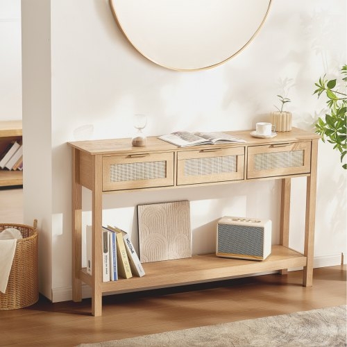 Slim Console Table with Rattan Drawer Fronts for Entryway