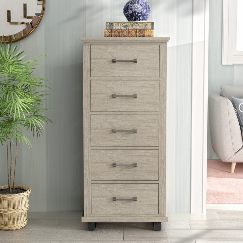 Slim Five-Drawer Chest with Light Beige Wood Grain and Bar Pulls