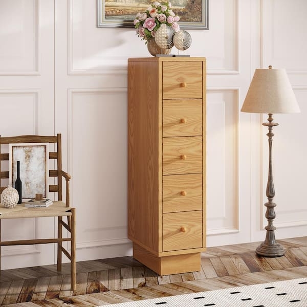Slim Oak Chest of Drawers Five Drawers Narrow Silhouette