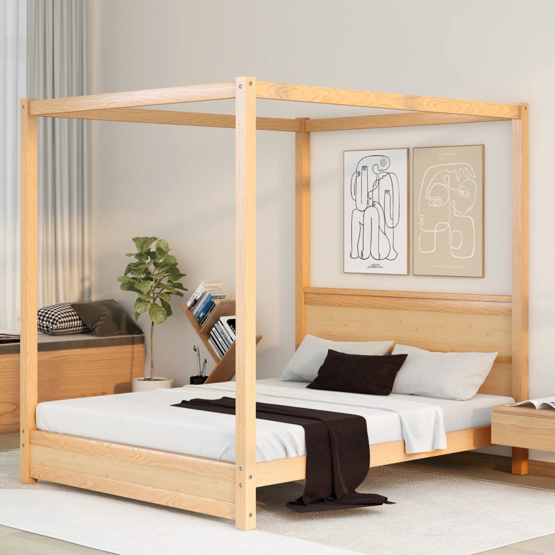 Slim Profile Canopy Bed Integrated Headboard Natural Wood Finish