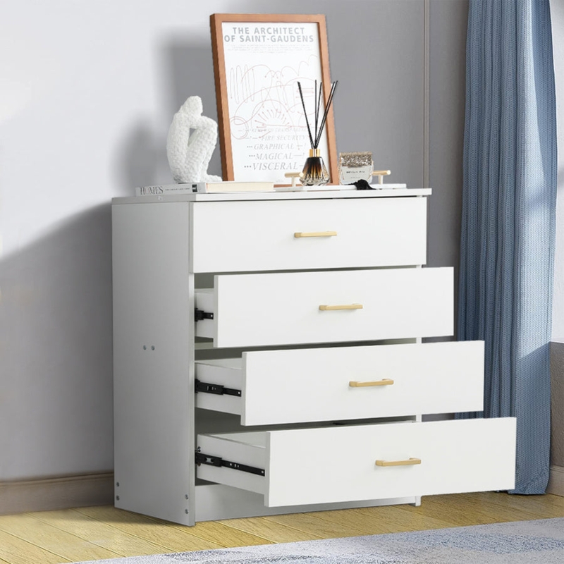 Slim Profile Chest of Drawers, Gold Hardware, Matte Finish Style
