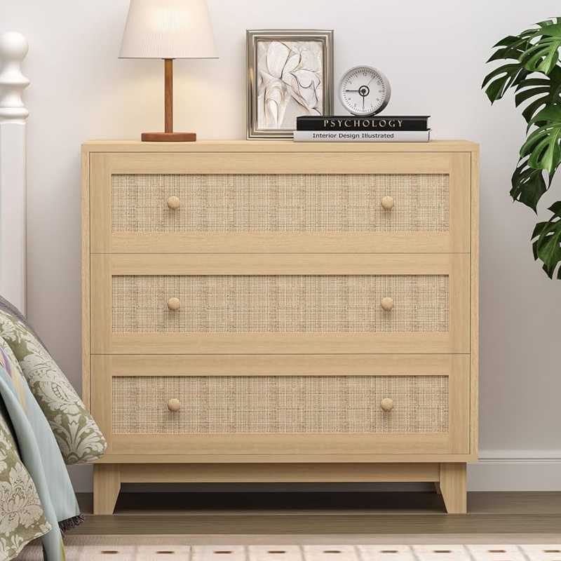Small Space Three-Drawer Chest with Woven Rattan Inserts