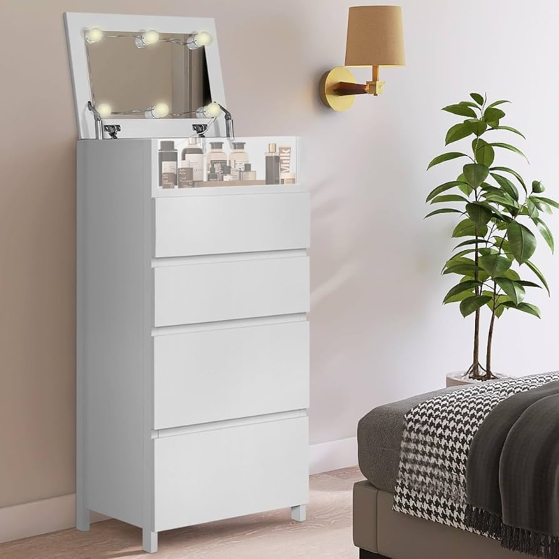 Small Space Vanity Dresser Combo with Lighted Flip-Top Mirror