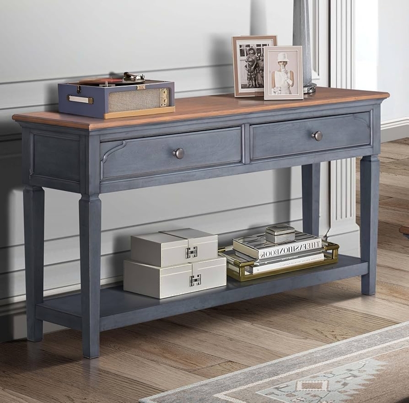 Sofa Table Corduroy Blue Finish with Two Tone Wood Top