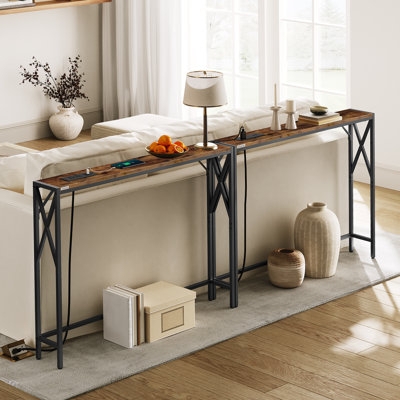 Sofa Table Power Outlet Slim Profile Industrial Metal Frame