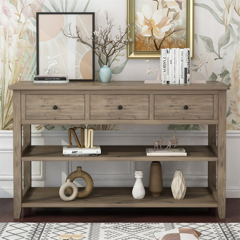 Sofa Table Wash Gray 3-Drawer Tiered Shelves Storage