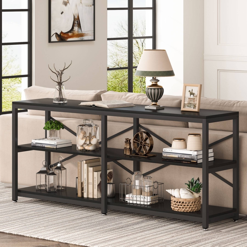 Sofa Table X Brace Back Narrow Profile Black Metal Open Shelving