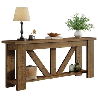 Sofa Table X Brace Thick Tabletop Mahogany Finish Farmhouse Wood