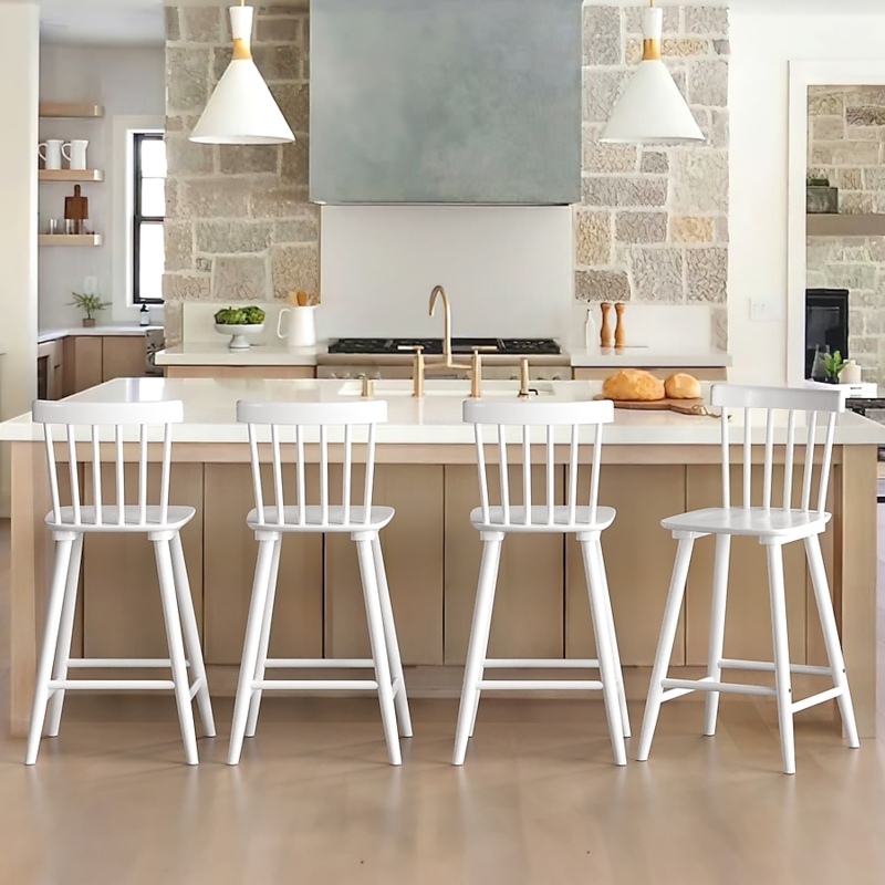 Spindle Back Counter Stool with White Finish and Wood Toned Seat