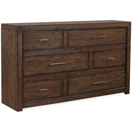 Staggered 6 Drawer Dresser Brownstone Finish Satin Loft Style
