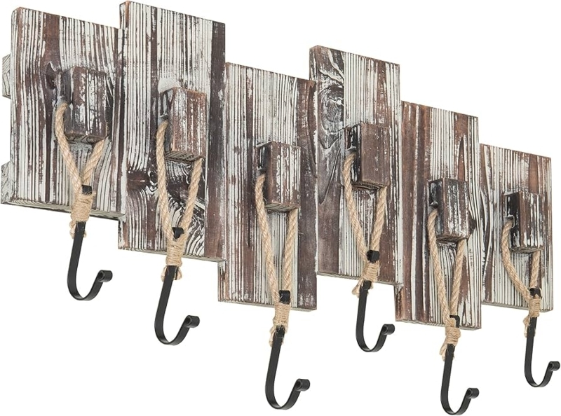 Staggered Plank Wall Hooks, Rope Wrapped, Whitewashed Finish