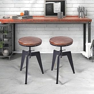 Stool Industrial Tripod Base Adjustable Height Wood Seat Black Metal