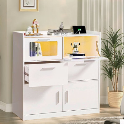 Storage Chest: White Modern Integrated LED Lights Mixed Storage