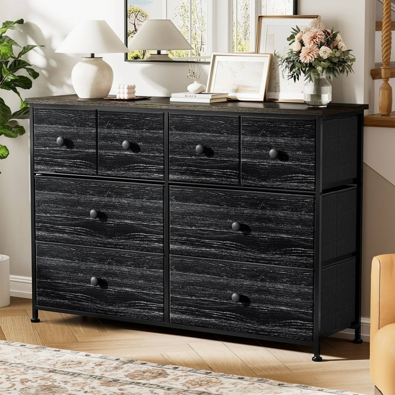 Storage Chest with Textured Wood Grain Fabric Drawers and Slim Metal Frame