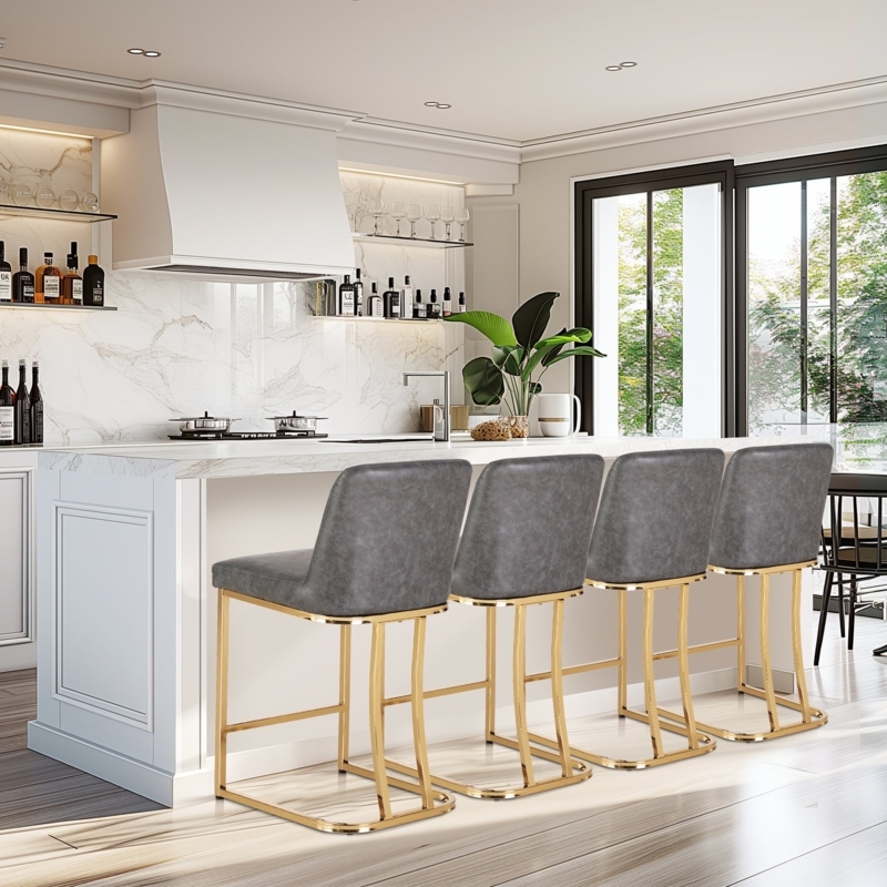 Stylish PU Leather Bar Stools with Backs and Gold Metal Frame, Grey