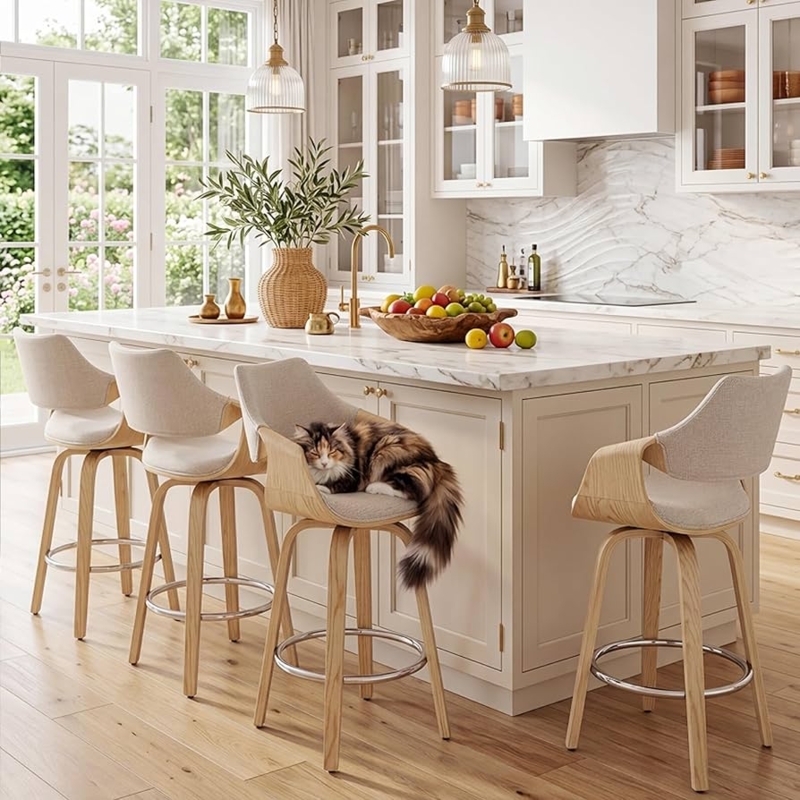 Swivel Bar Stool Barrel Back Silhouette Beige Upholstery Light Wood