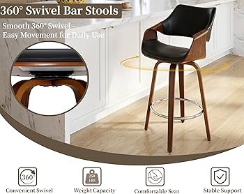 Swivel Bar Stool Black Leather-Like Open Back Walnut Finish Mid-Century