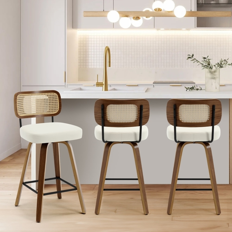 Swivel Bar Stool Boho Cane Inlay Back Wood Frame Upholstered