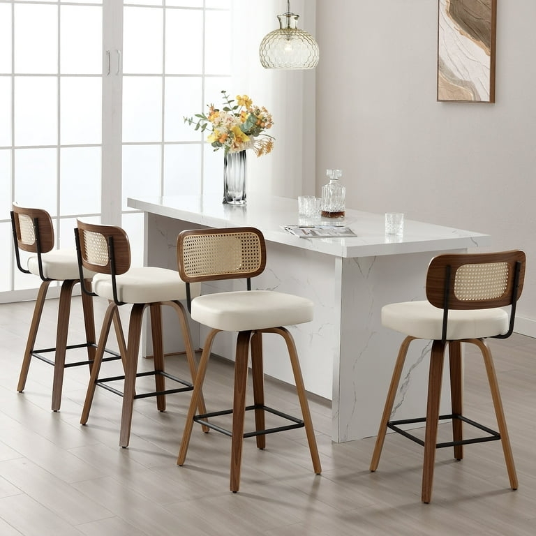 Swivel Bar Stool Boho Rattan Back Tapered Wood Legs