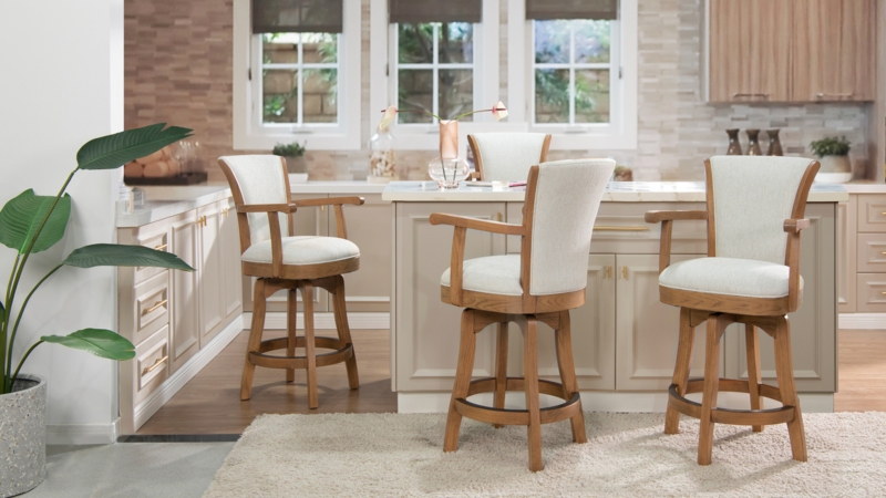 Swivel Bar Stool Cream Upholstered Wood Arms Transitional Style