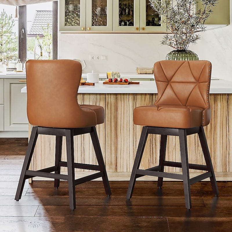 Swivel Bar Stool Diamond Quilted Back Whiskey Brown Wood Frame Nailhead