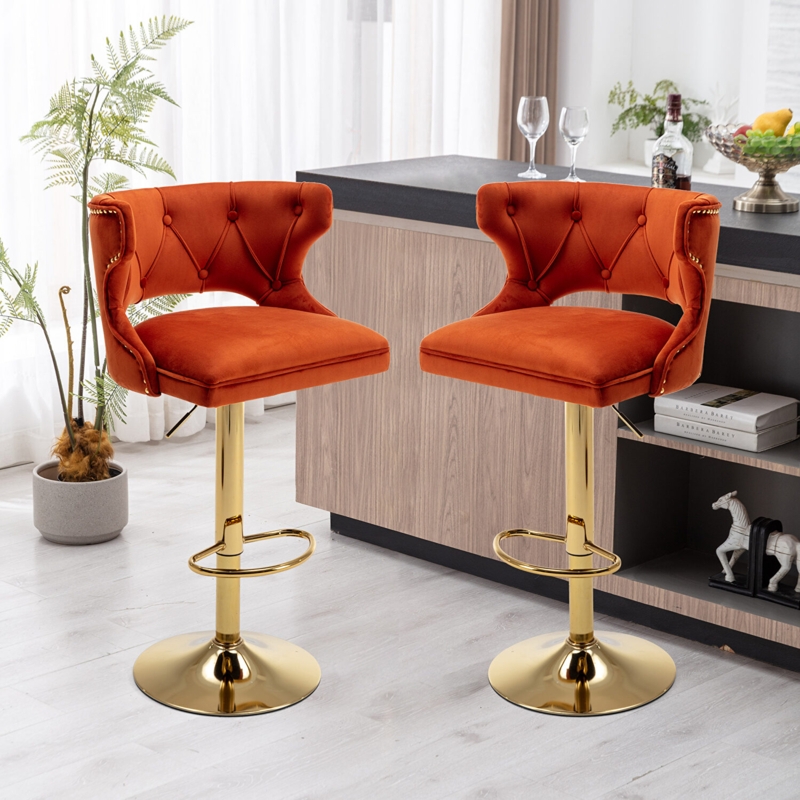 Swivel Bar Stool, Diamond Tufted, Open Back, Gold Pedestal