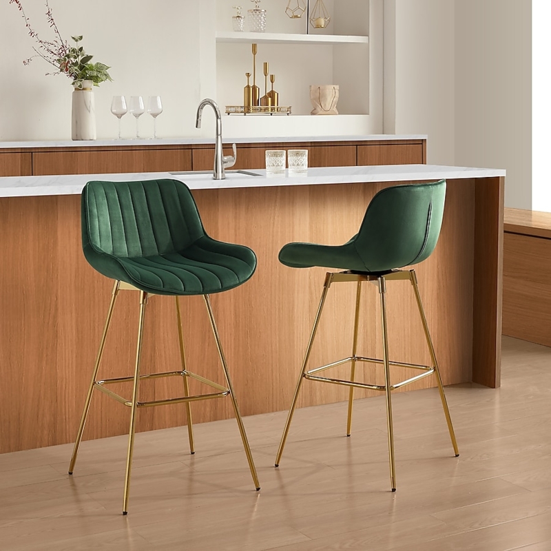 Swivel Bar Stool Emerald Green Velvet Vertical Ribbing Metal Legs