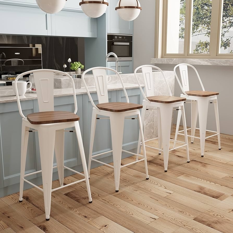 Swivel Bar Stool Farmhouse Slat Back Cream Metal Wood Seat