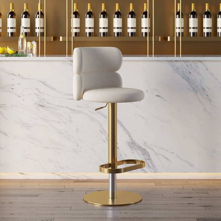 Swivel Bar Stool featuring Tiered Velvet Backrest and Gold Pedestal Base