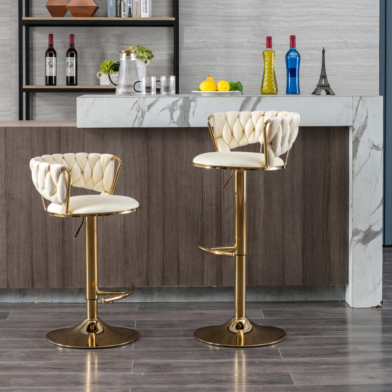Swivel Bar Stool Glam Braided Back Gold Pedestal Base