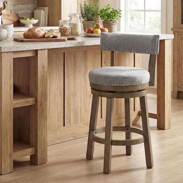 Swivel Bar Stool Gray Upholstered Nailhead Trim Farmhouse Kitchen