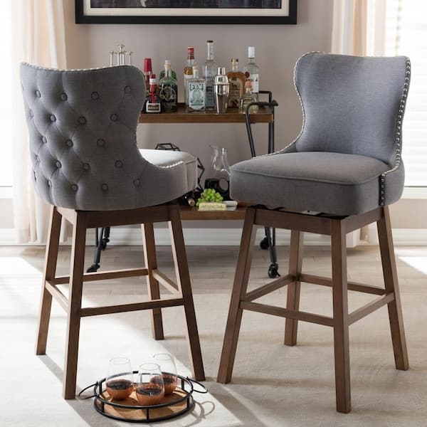 Swivel Bar Stool Gray Wingback Button Tufted Nailhead Trim