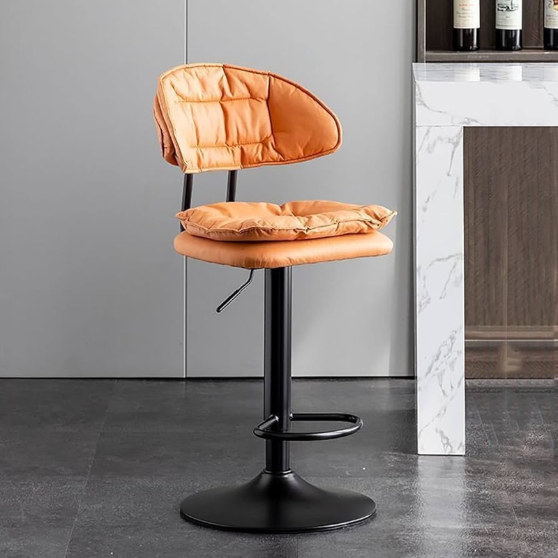 Swivel Bar Stool Quilted Backrest Adjustable Orange Leather Like Chair