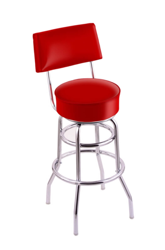 Swivel Bar Stool Red High Back Polished Chrome Double Footrest Ring