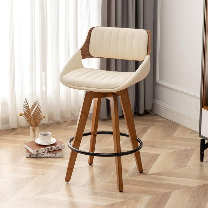 Swivel Bar Stool Ribbed Upholstery Wood Veneer Backrest Mid-Century