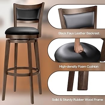 Swivel Bar Stool Rubber Wood Frame Padded Backrest Black Leather Like