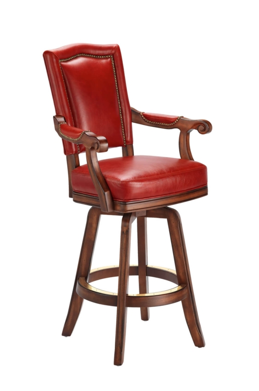 Swivel Bar Stool Scrolled Arms Nailhead Trim Traditional Dark Wood