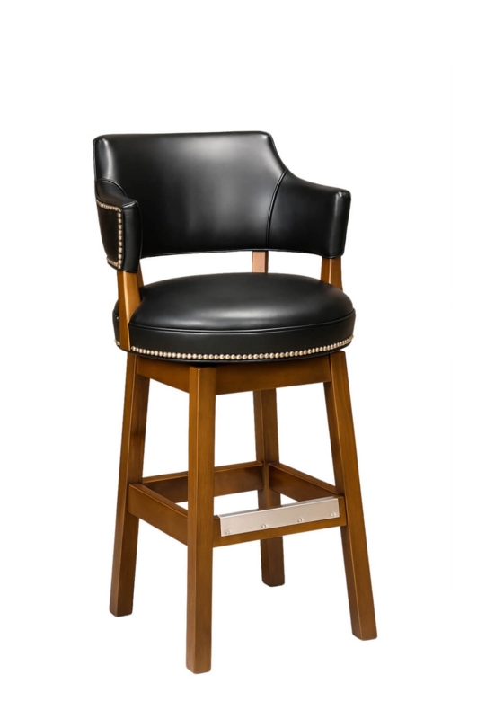 Swivel Bar Stool Traditional Black Leather Like Metal Kickplate