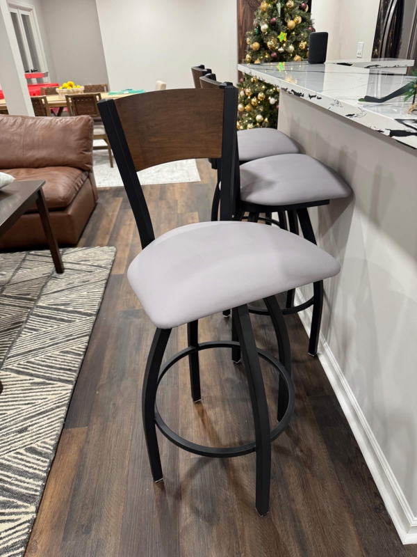Swivel Bar Stool: Transitional Wood Back Panel and Black Metal Frame