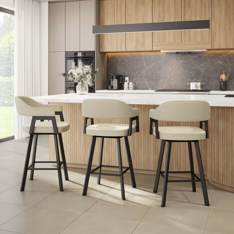 Swivel Bar Stool with Arms Cream Upholstery Matte Black Frame