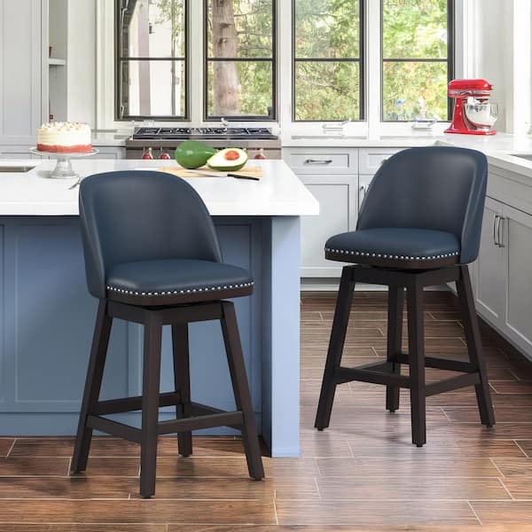 Swivel Bar Stool with Curved Back and Leather-Like Nailhead Finish