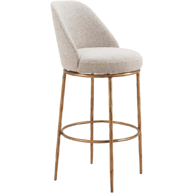 Swivel Bar Stool with Hammered Gold Legs and Curved Upholstered Backrest