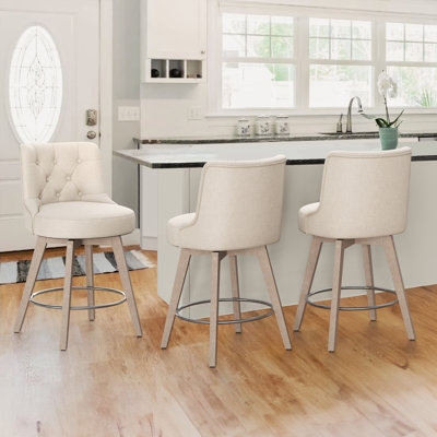 Swivel Bar Stools Button Tufted Interior Circular Footrest Cream Wood