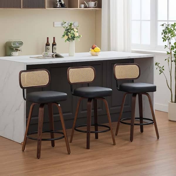 Swivel Bar Stools Cane Backrest Faux Leather Seat Wood Legs